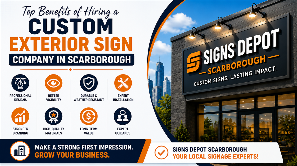 Top Benefits of Hiring a | CUSTOM EXTERIOR SIGN | COMPANY IN SCARBOROUGH | PROFESSIONAL DESIGNS | BETTER VISIBILITY | DURABLE & WEATHER RESISTANT | EXPERT INSTALLATION | STRONGER BRANDING | HIGH-QUALITY MATERIALS | LONG-TERM VALUE | EXPERT GUIDANCE | MAKE A STRONG FIRST IMPRESSION. GROW YOUR BUSINESS. | SIGNS DEPOT SCARBOROUGH | YOUR LOCAL SIGNAGE EXPERTS! | SIGNS DEPOT | SCARBOROUGH | CUSTOM SIGNS. LASTING IMPACT.