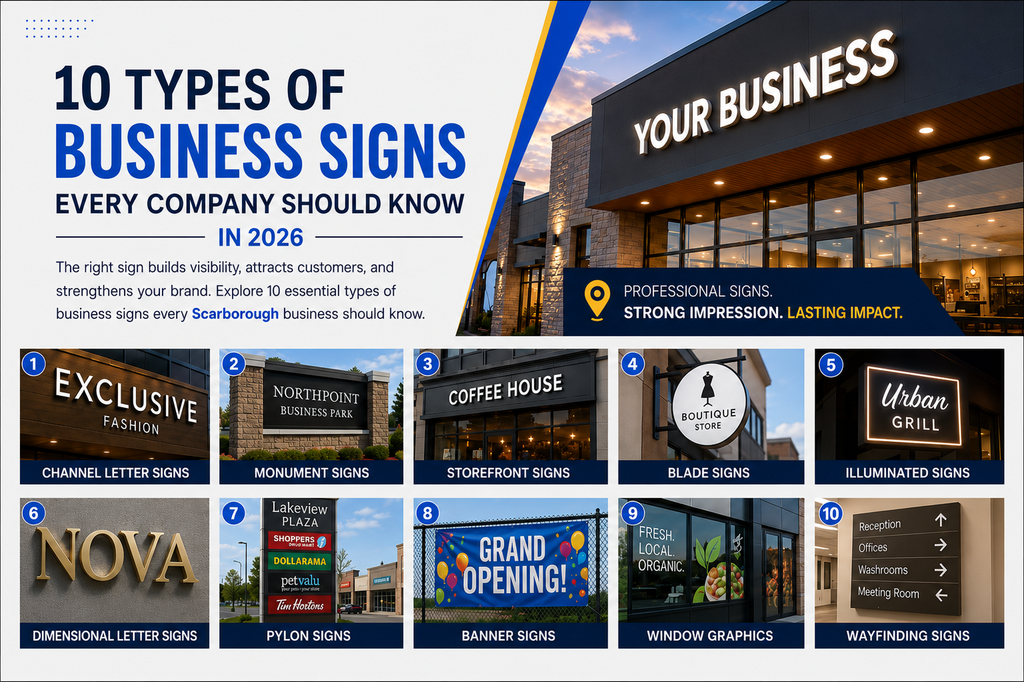 10 types of business signs in 2026, including channel letter signs, monument signs, storefront signs, blade signs, illuminated signs, dimensional letters, pylon signs, banners, window graphics, and wayfinding signs.