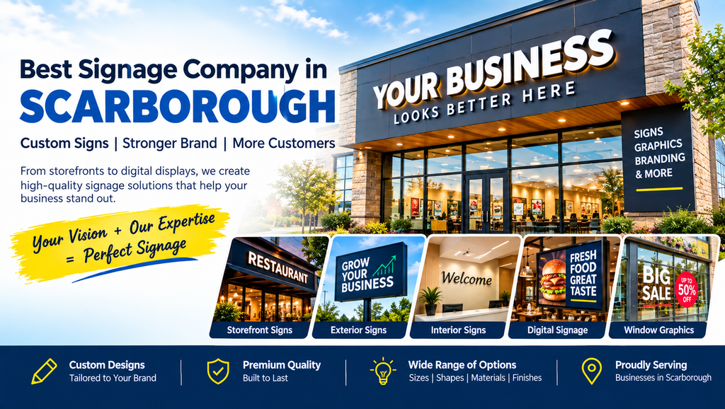 Best signage company in Scarborough offering custom storefront signs, exterior signs, interior signage, digital signage, and window graphics.